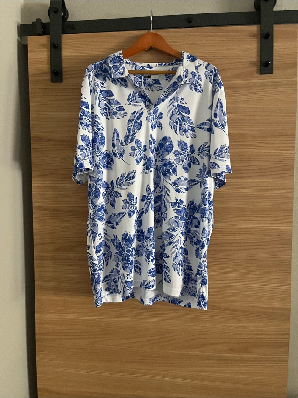PGA Tour White Polo with Blue Botanical Print